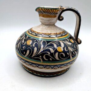Hand-Painted Italian Ceramic Pitcher With Ornate Floral Design & Handle